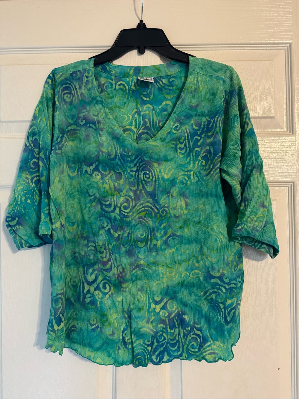 Women's V-Neck Blouse in Teal & Green Swirl Print